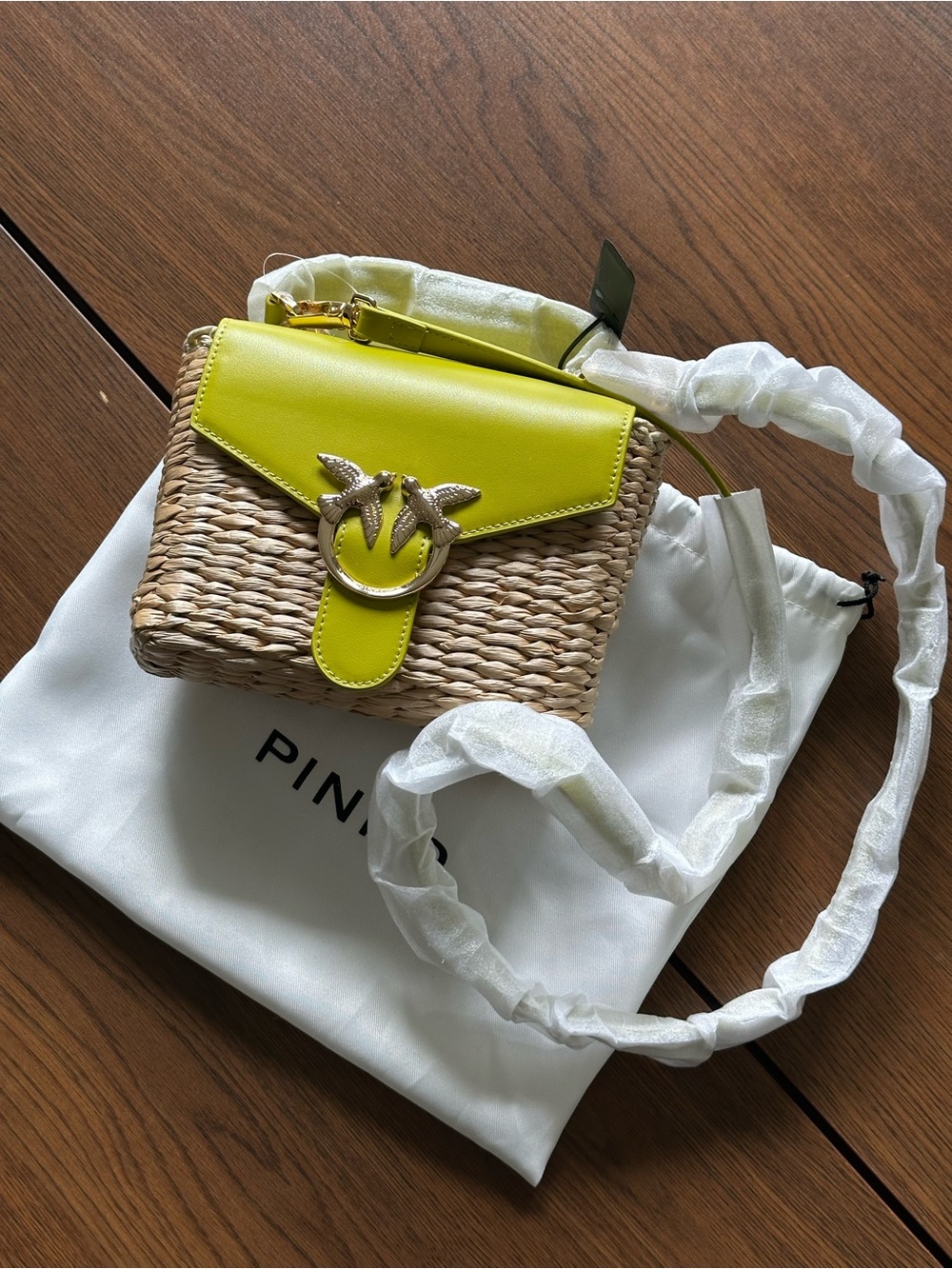 Pinko Lime Green Leather & Woven Shoulder Bag - Picture 3 of 8